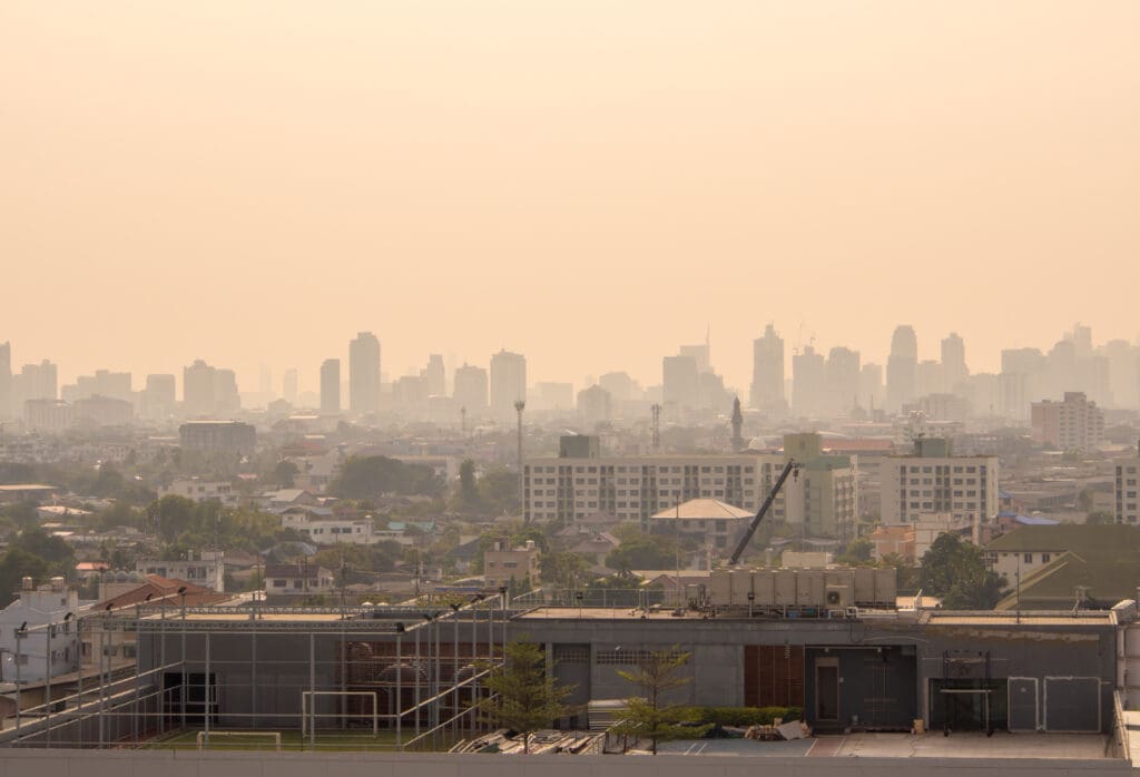 Cityscape showing brown haze of smog. 

NOx pollution is the leading cause of the "brown haze" often seen over cities.